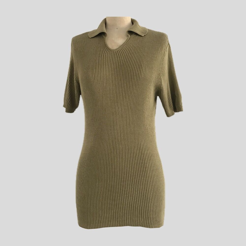 Vintage Banana Republic 90s Sandy Beige Neutral Silk Ribbed Collared Top M